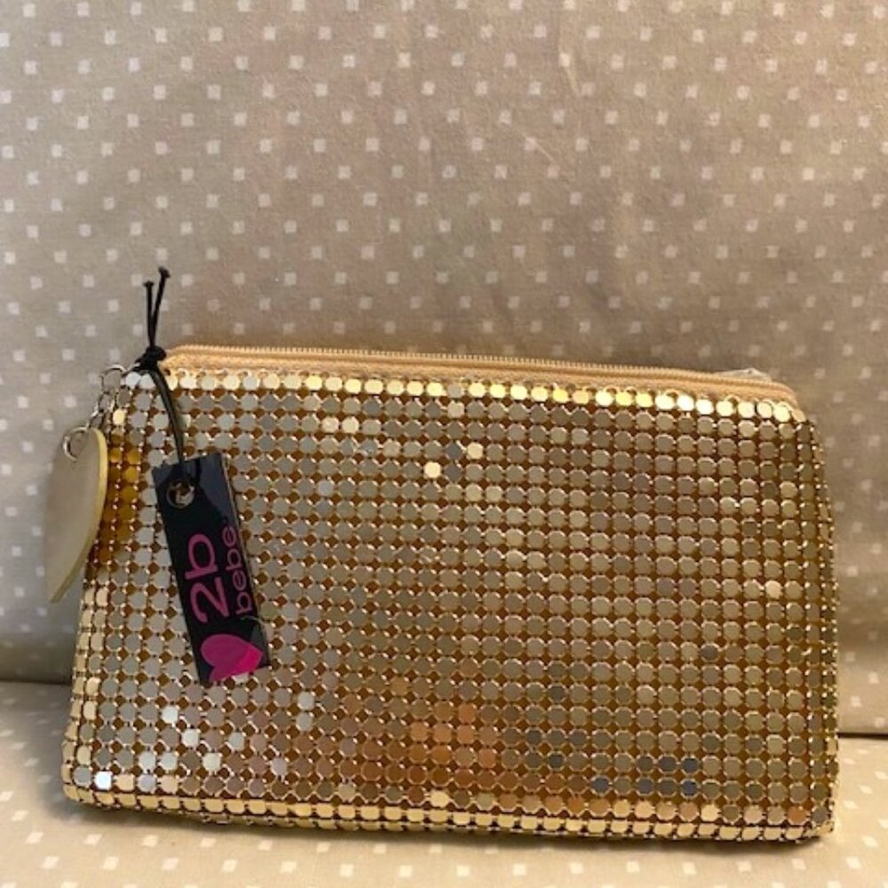 2be Bebe Gold Sequined Cosmetics Makeup Bag Pouch